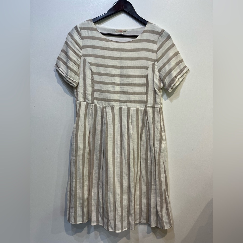 Orange Creek Tan and White Puff Sleeve A-Line Dress